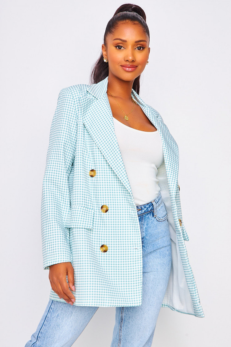 Robe blazer blanche et verte à carreaux Vichy