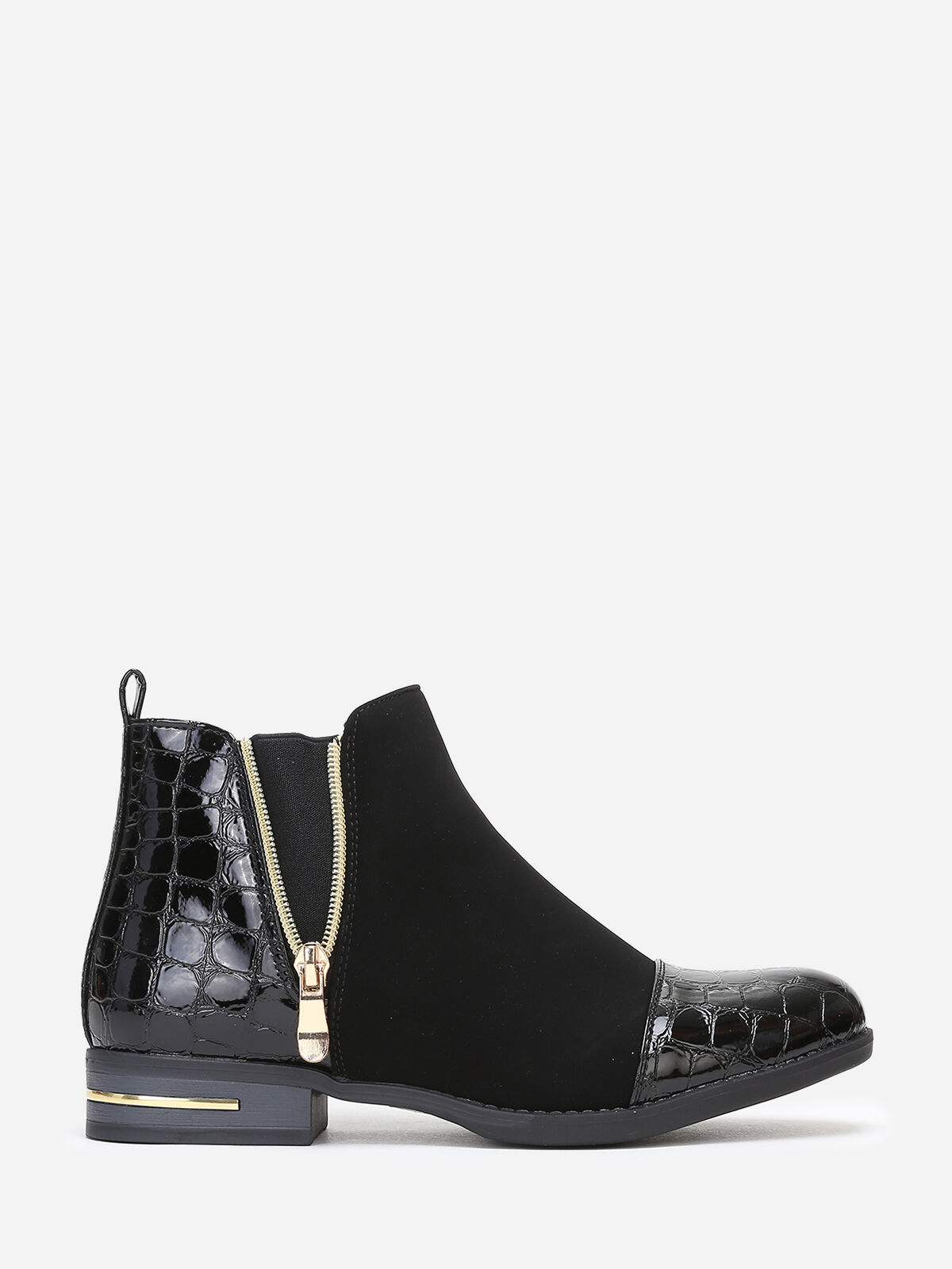 Bottines bi-matières bout vernis imprimé croco- Noir