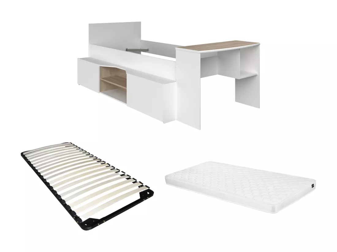 Lit combiné 90 x 190/200 cm avec bureau et rangements - Blanc et naturel + Sommier + Matelas - JOCHIANE
