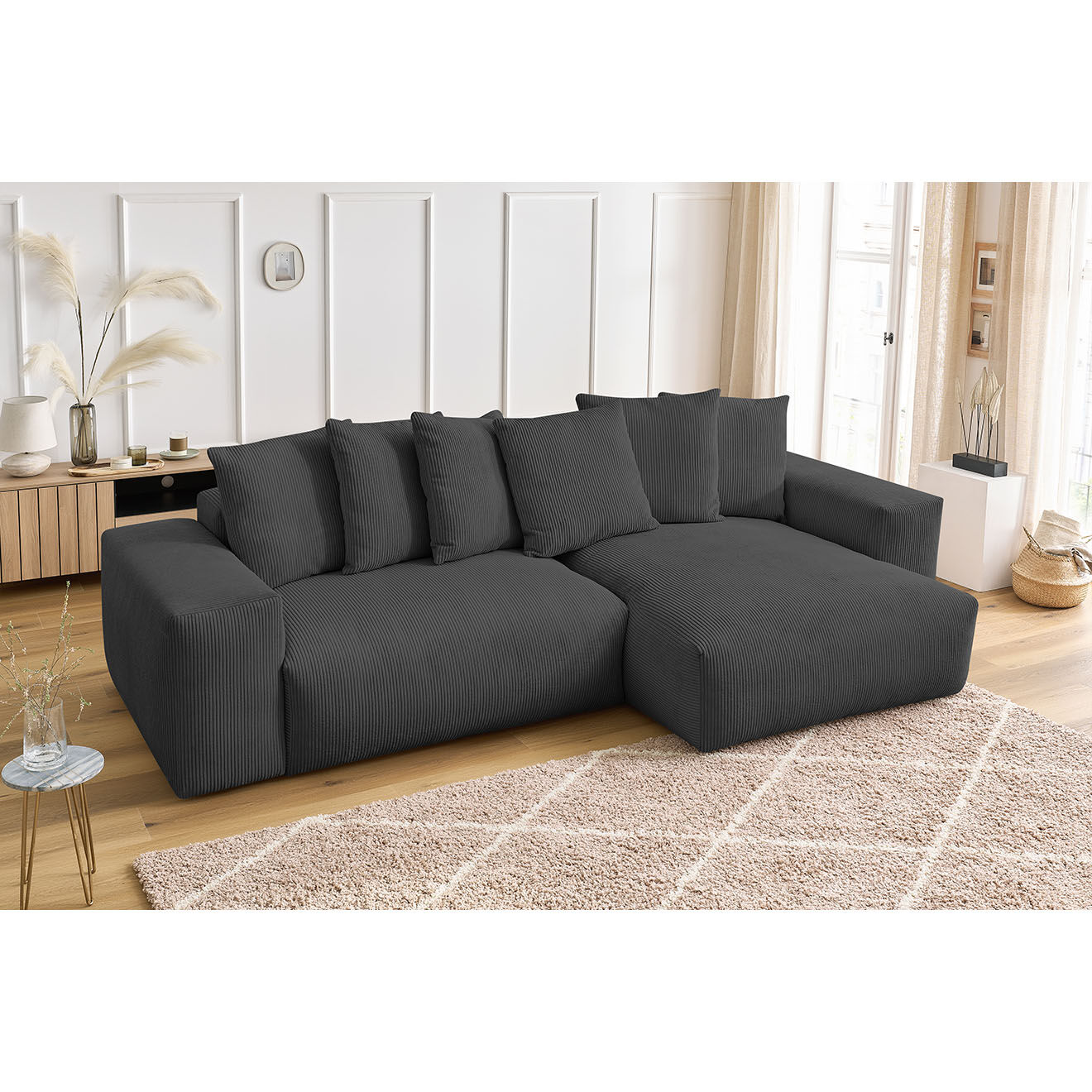 Bobochic Canapé d'angle réversible ultra moelleux voltaire velours côtelé gris foncé - 310x174x75 cm