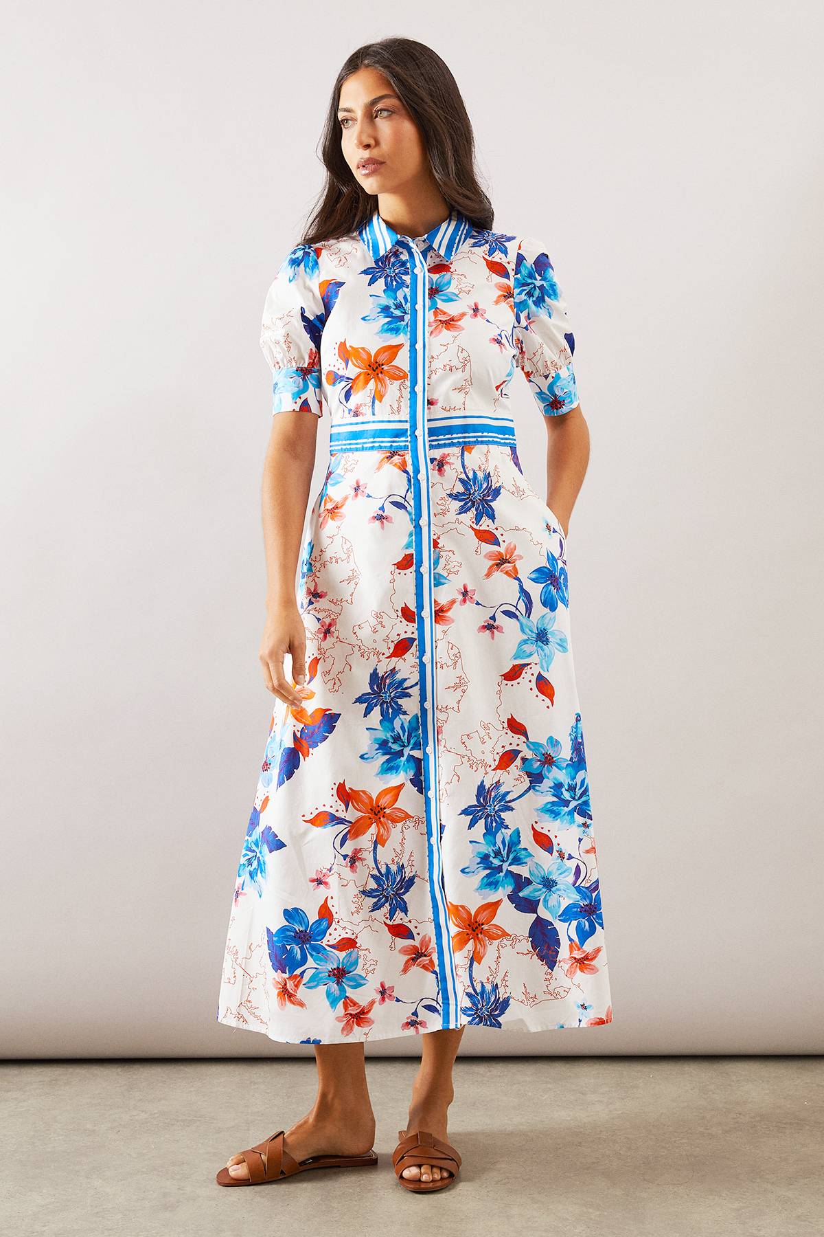 Wallis Robe Chemise Mi-Longue à Imprimé Floral avec Boutons