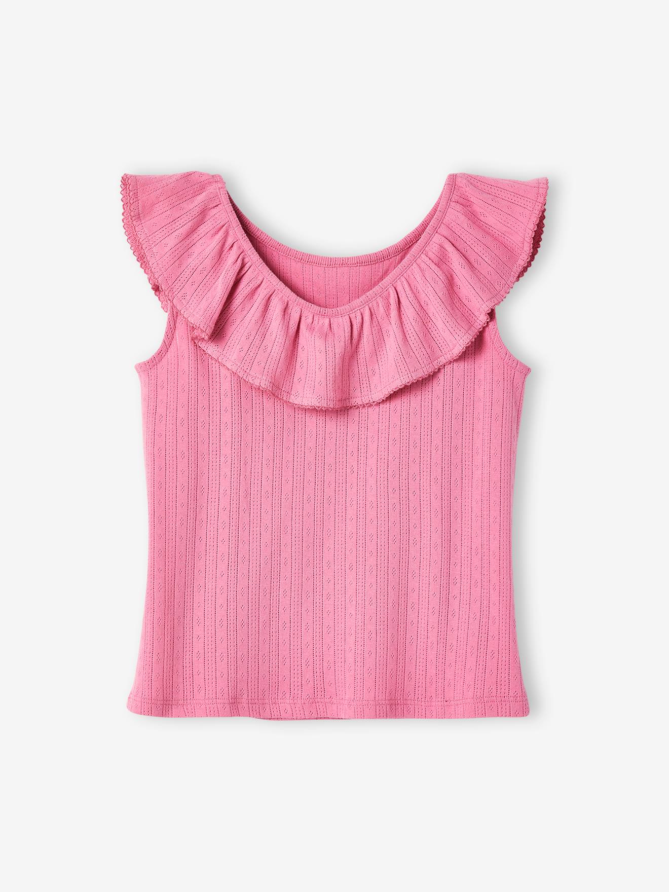 Blusa regata feminina bege em tricô vazado com babados.