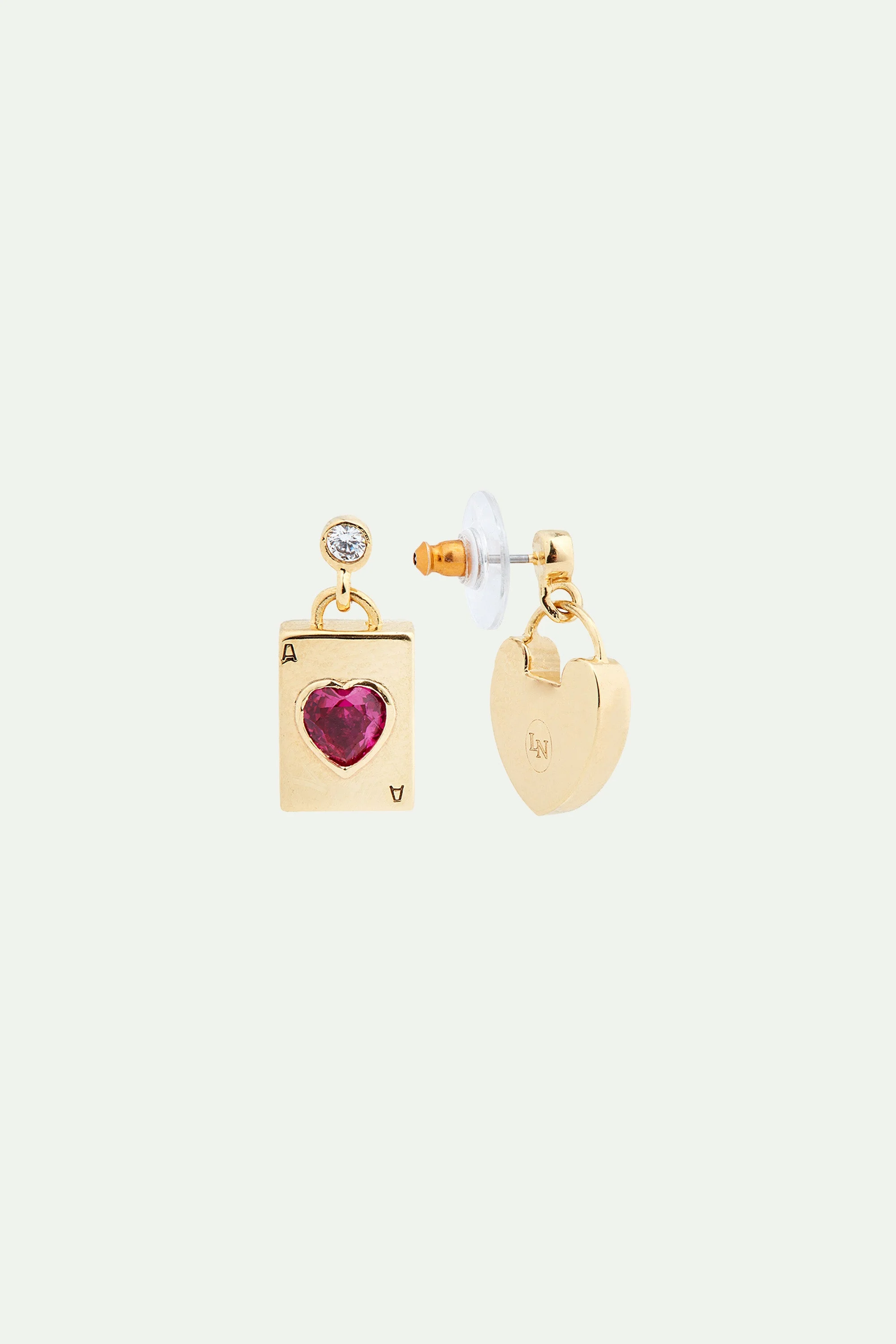 Boucles d'oreilles asymétriques cadenas coeur et carte coeur | Doré