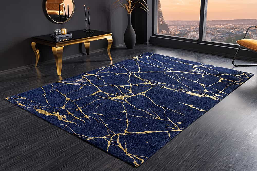Design Teppich MARBLE 240x160cm königsblau gold Marmor-Optik Flachgewebe