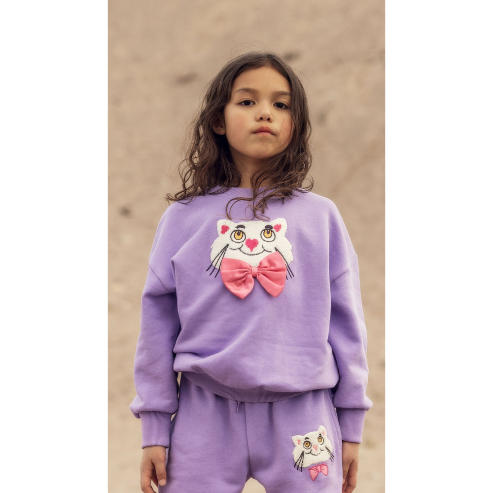 Køb Mini Rodini Purple Cat Med Bowtie Chenille Sweatshirt