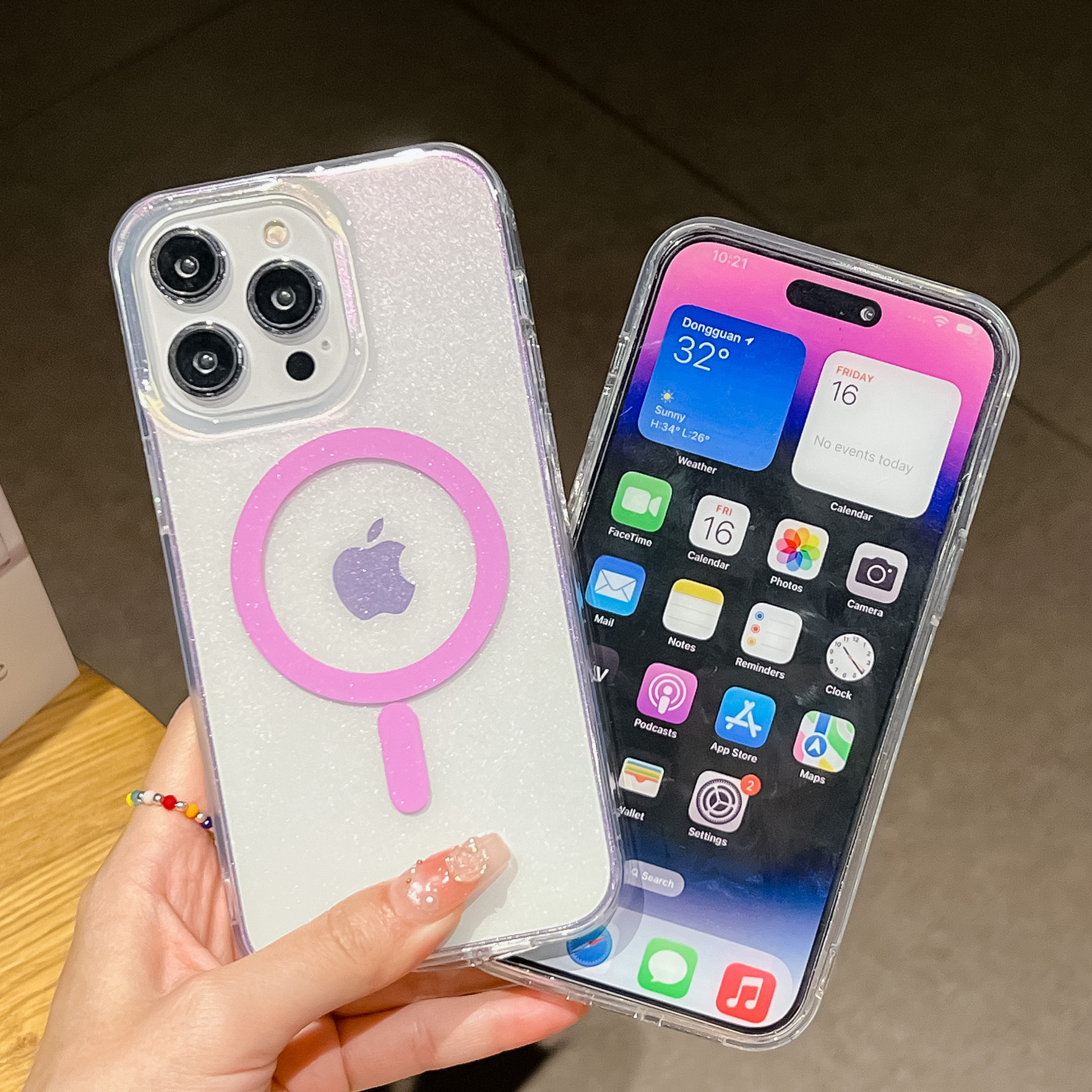 iPhone 15 Pro MagSafe Hülle mit Acryl Rückseite und Laser Hologramm im Glitzer Design - Rosa