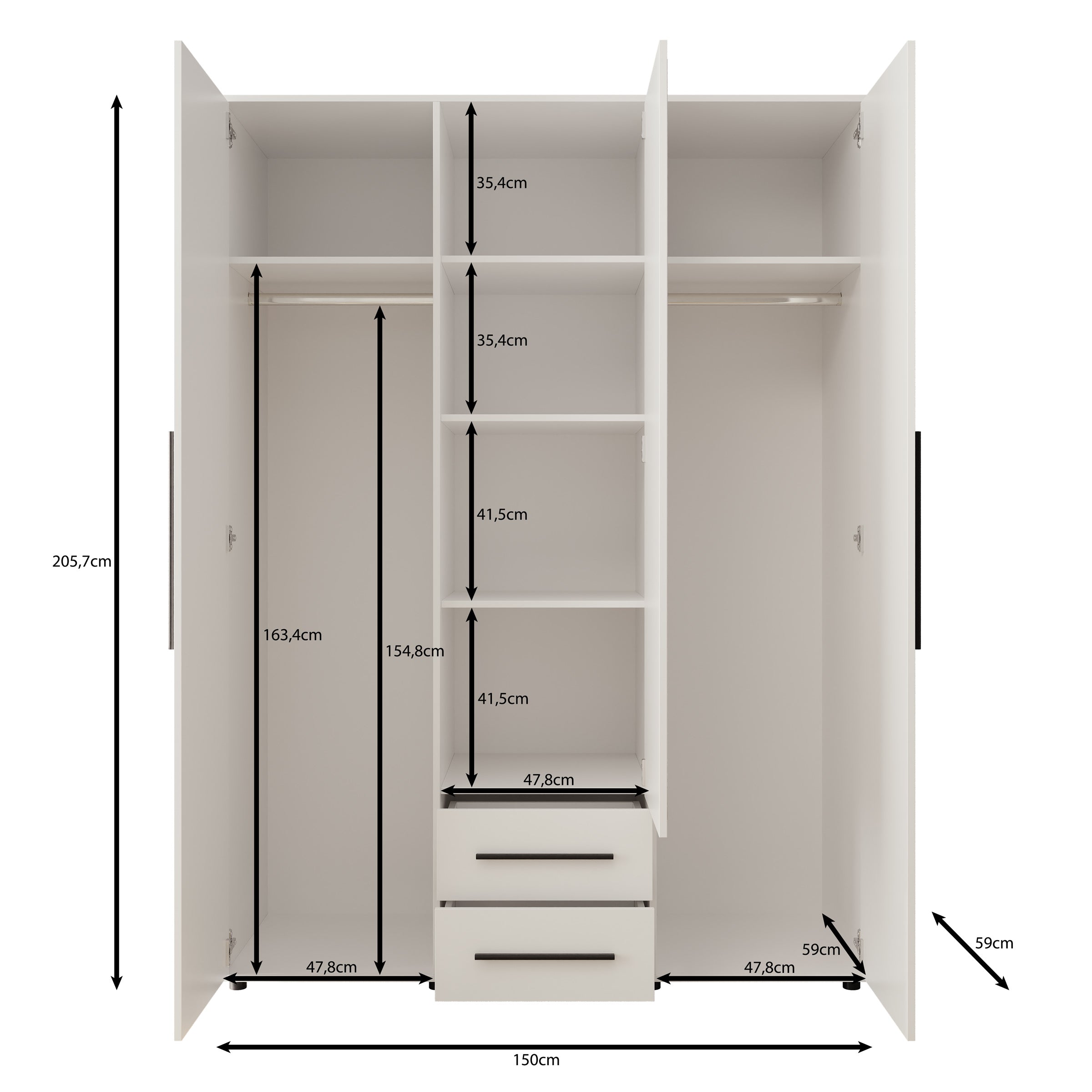 Montalo - Kledingkast 3-deurs - Zwart - 150x59x206 cm