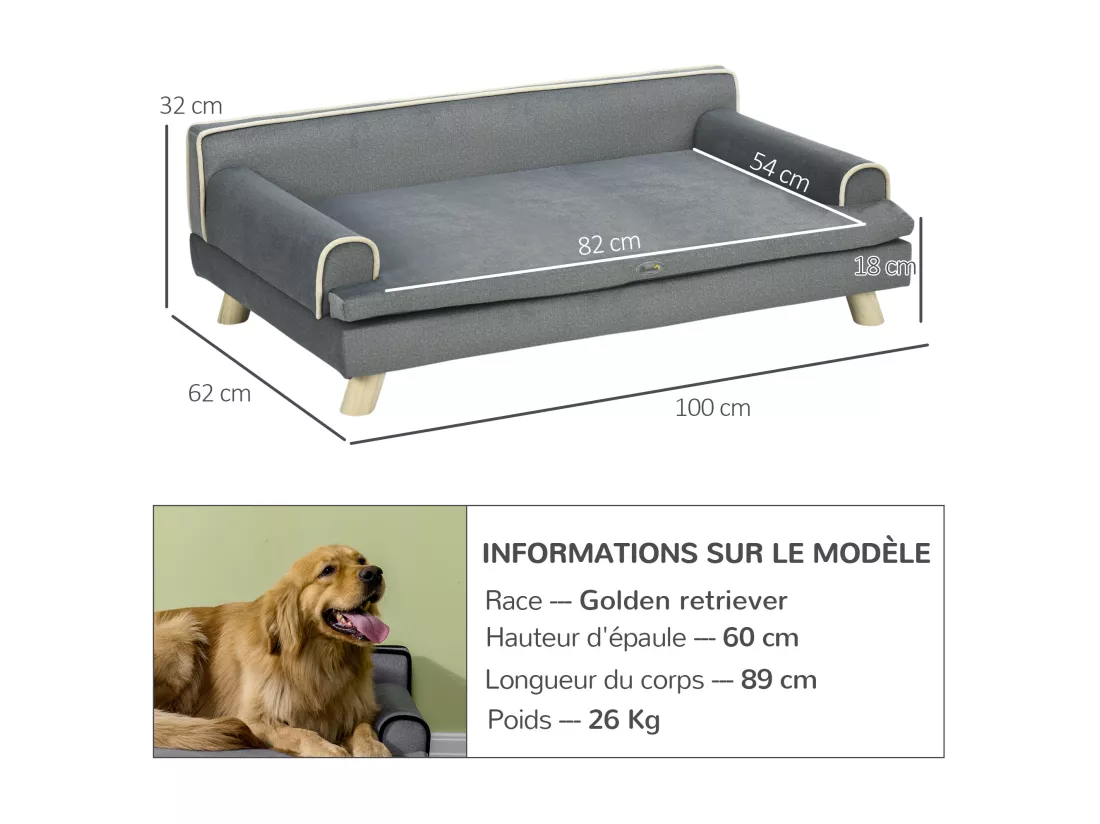 Canapé chien lit pour chien design scandinave coussin moelleux piètement bois dim. 100L x 62l x 32H cm polyester gris