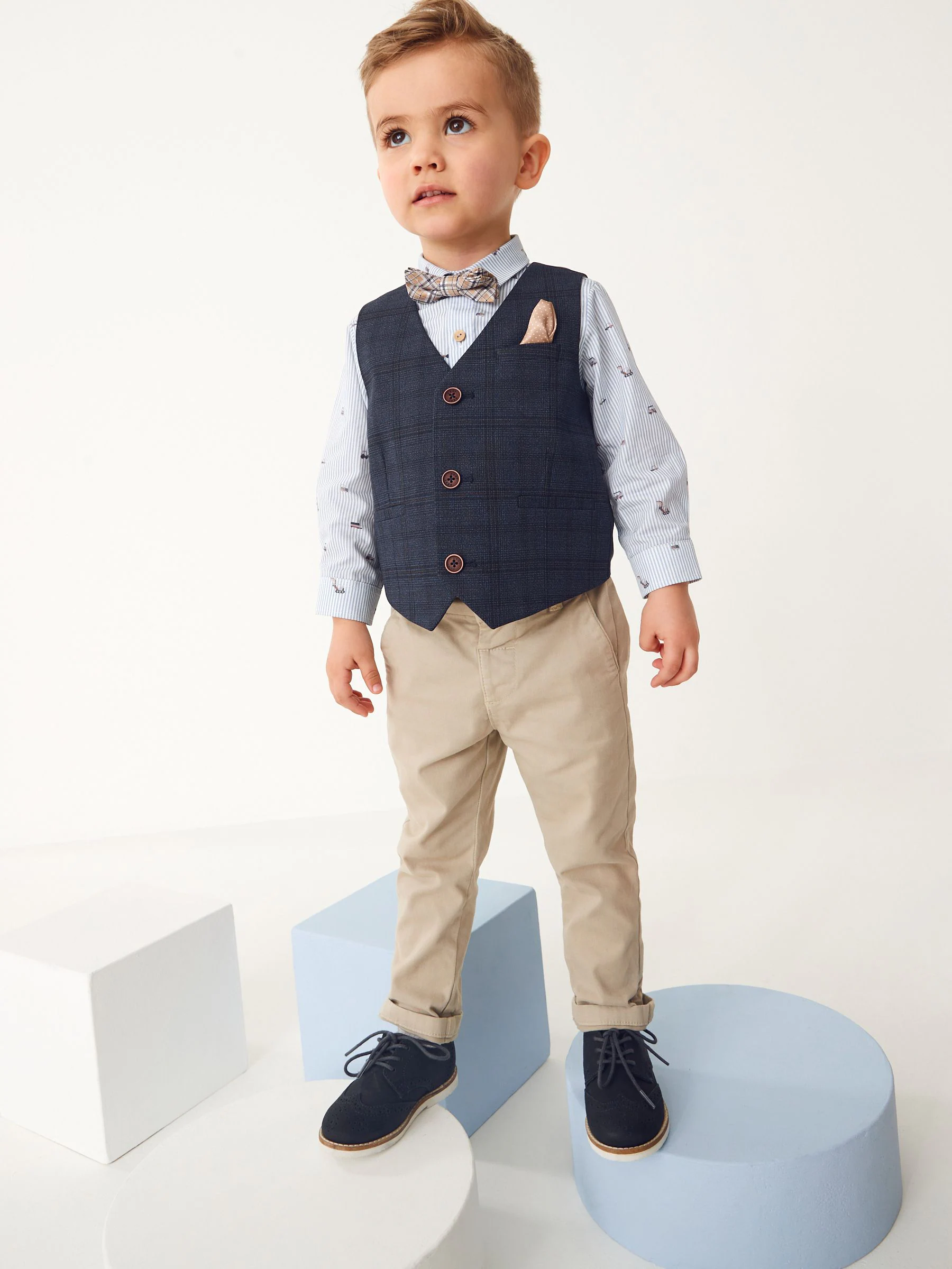 Marineblauw geruit - Set met gilet, overhemd en vlinderdas (3 mnd- 7 jr)