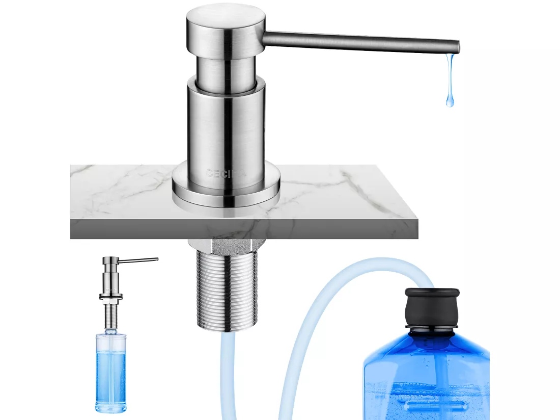 Cecipa max Distributeur de Savon de Cuisine Brossée Distributeur de Savon pour Evier avec Récipient + Tuyau d'extension en Silicone,EU Modèle