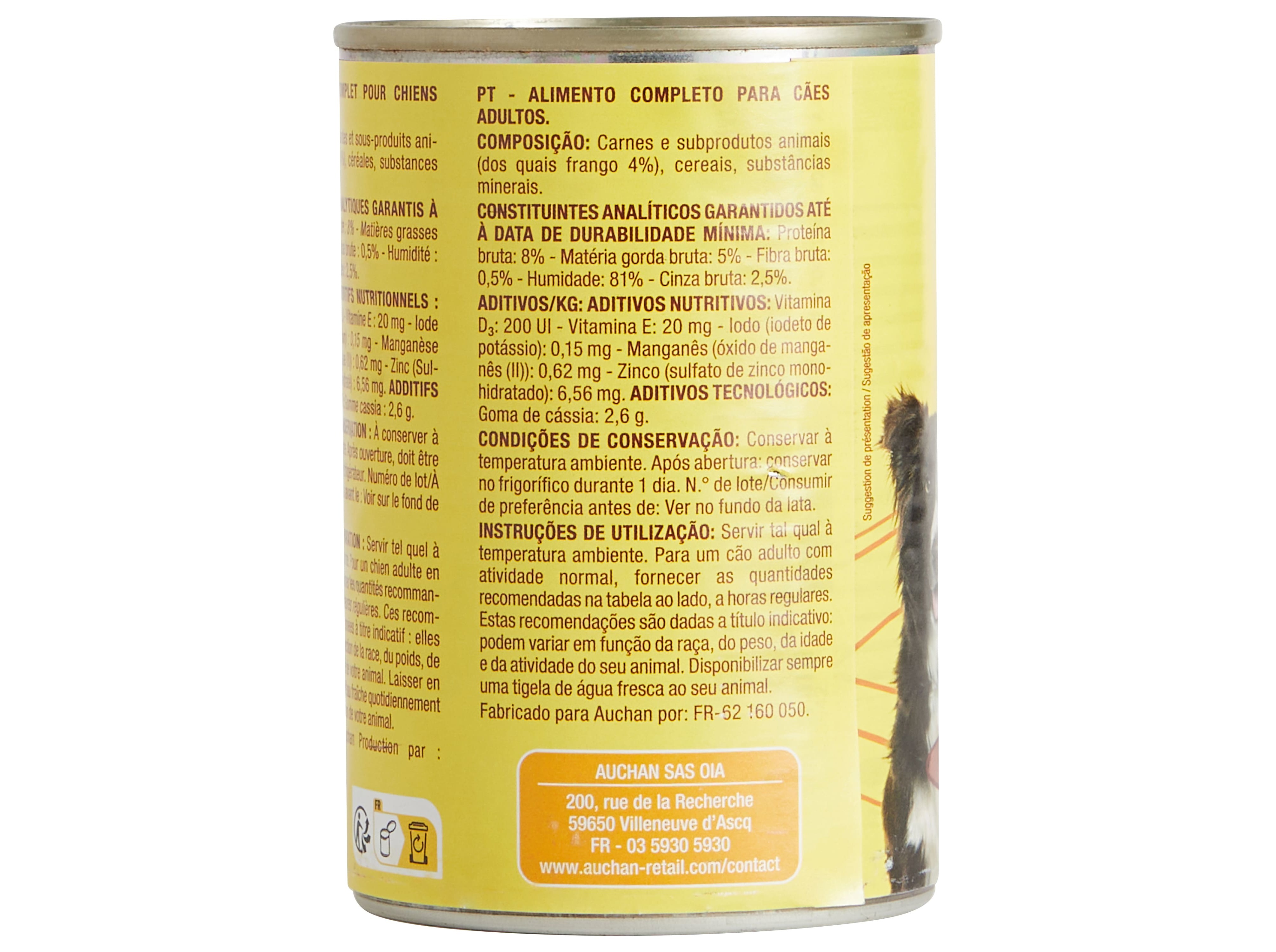 COMIDA HÚMIDA PARA CÃO AUCHAN TERRINA FRANGO 400G