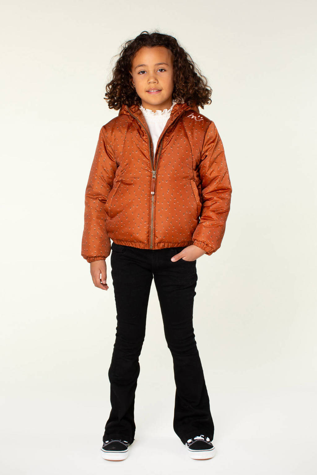Moodstreet winterjas Jet met all over print roestbruin