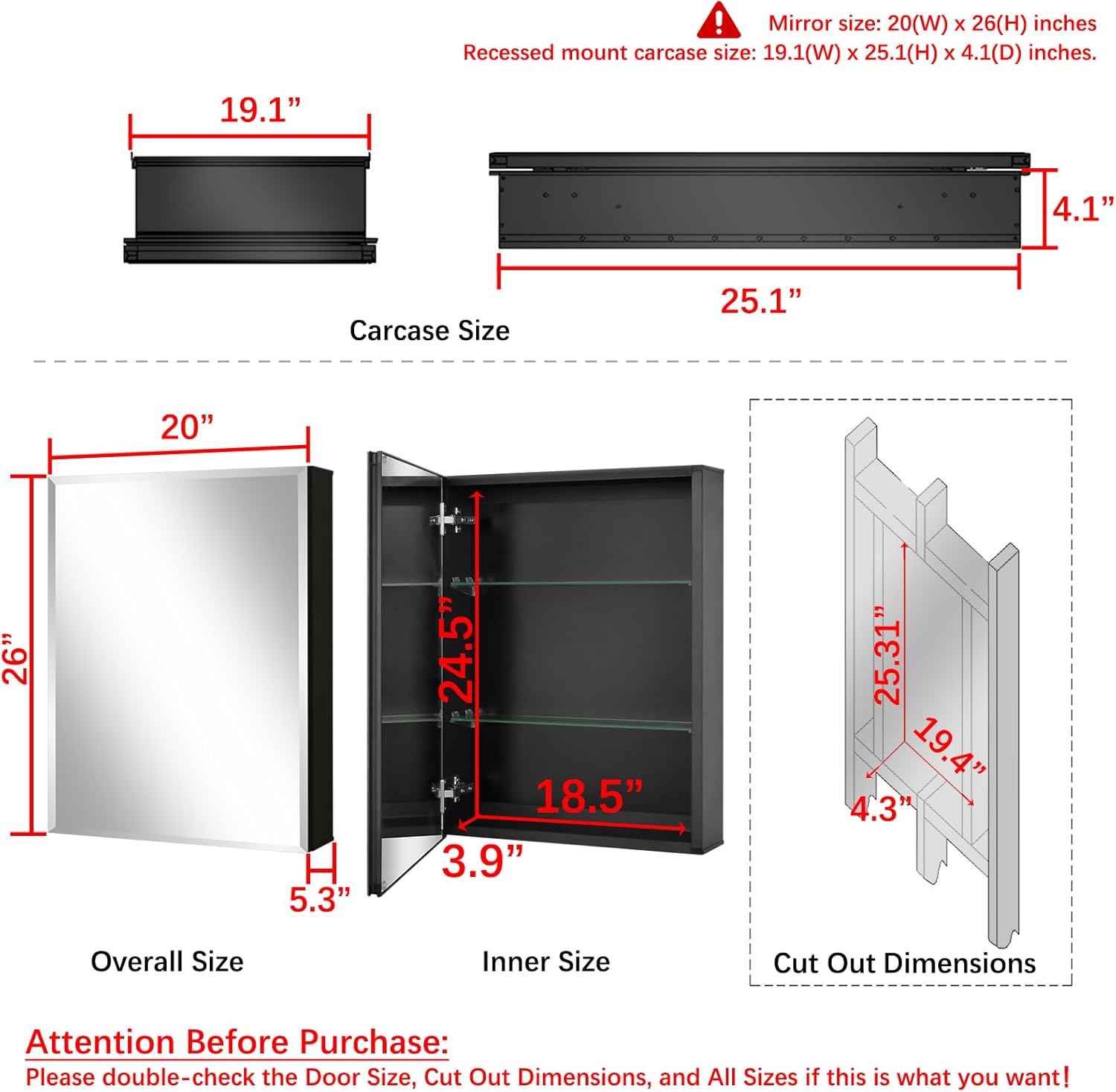 Fundin Spiegelschrank 50.8 x 66 cm Spiegelgröße, Einbau- oder Aufputzmontage, schwarzer Aluminium-Badezimmer-Wandschrank mit Spiegel und verstellbaren Ablagen.