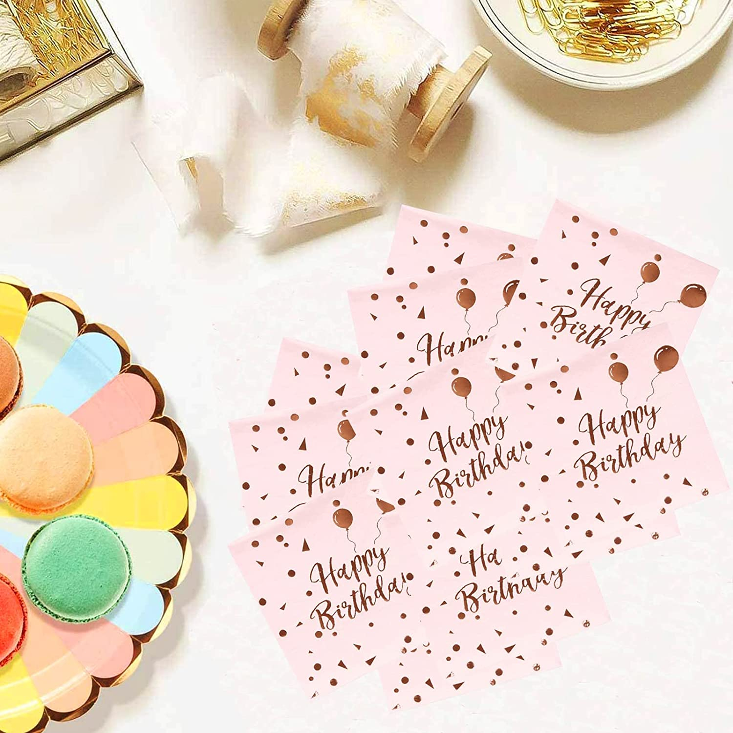 (40er Set) 33x33cm Happy Birthday Einweg Servietten Party Tisch Dekoration - Rosa / Roségold