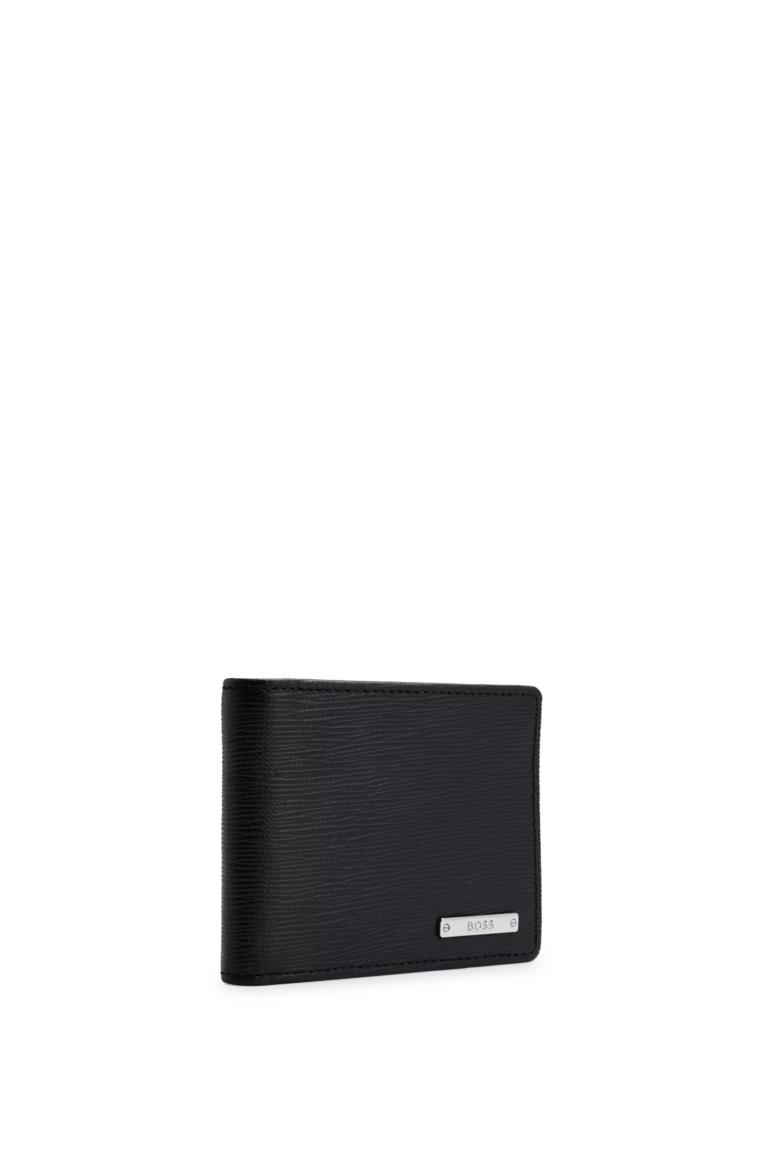 Carteira BOSS em couro italiano preto com detalhes prateados da marca.