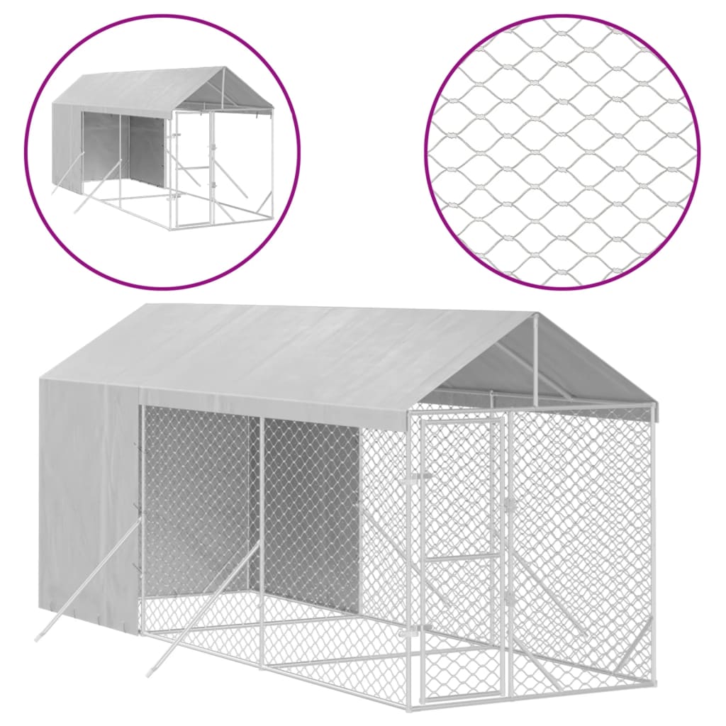 Canil externo para cães vidaXL com cobertura, aço galvanizado, prata, 2x10x2,5m