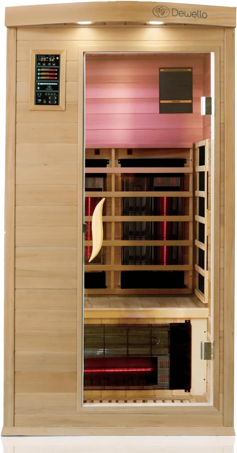 Dewello® Infrarotkabine Infrarotsauna Pierson PRO 100x100 für 1 Person aus Hemlock und Zedernholz, Duo Vollspektrumstrahler, Bodenstrahler, LED-Farblicht, Bluetooth