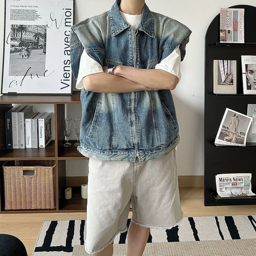 WidoWilder - Gewatteerde schoudervulling, gewassen denim vest met rits