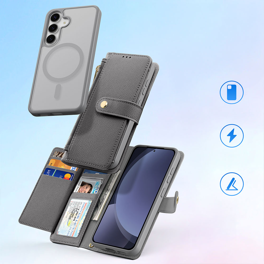 Samsung Galaxy S25  Plus Leder Tasche mit Kartenfächer   Münzfach   Magnetische Schutzhülle - Grau