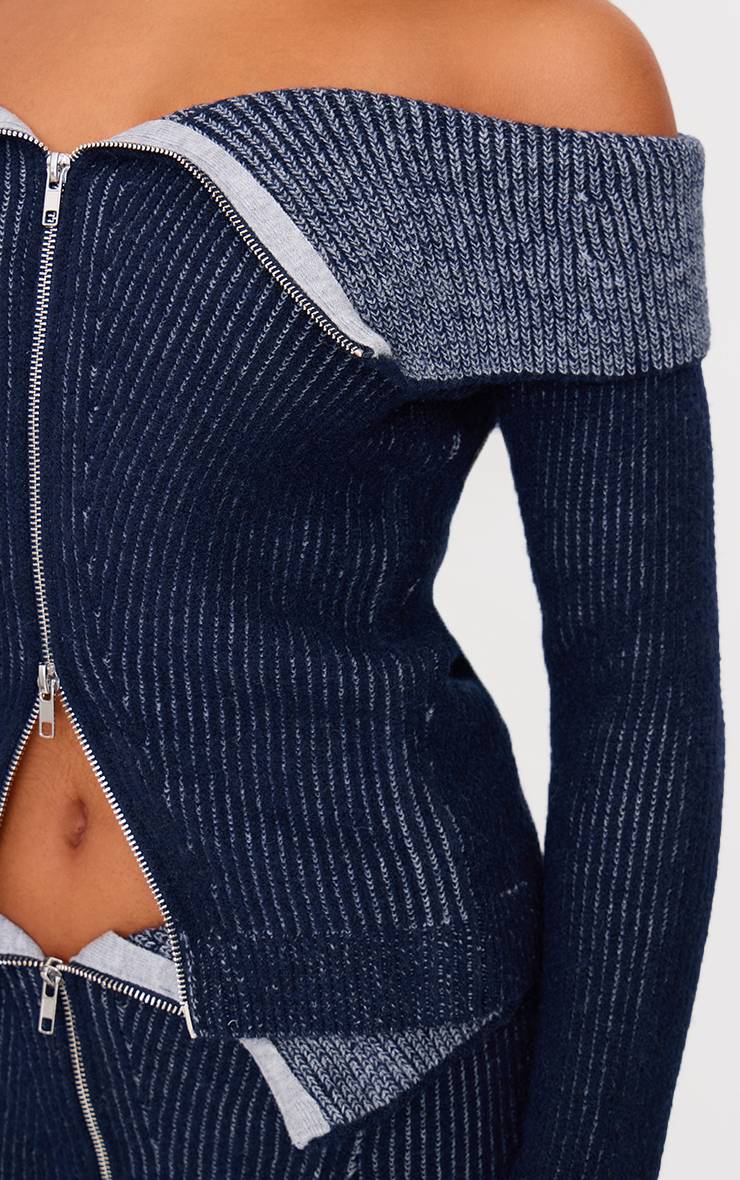 Bleu Indigo Haut Bicolore À Rabat Avec Fermeture Éclair Apparente