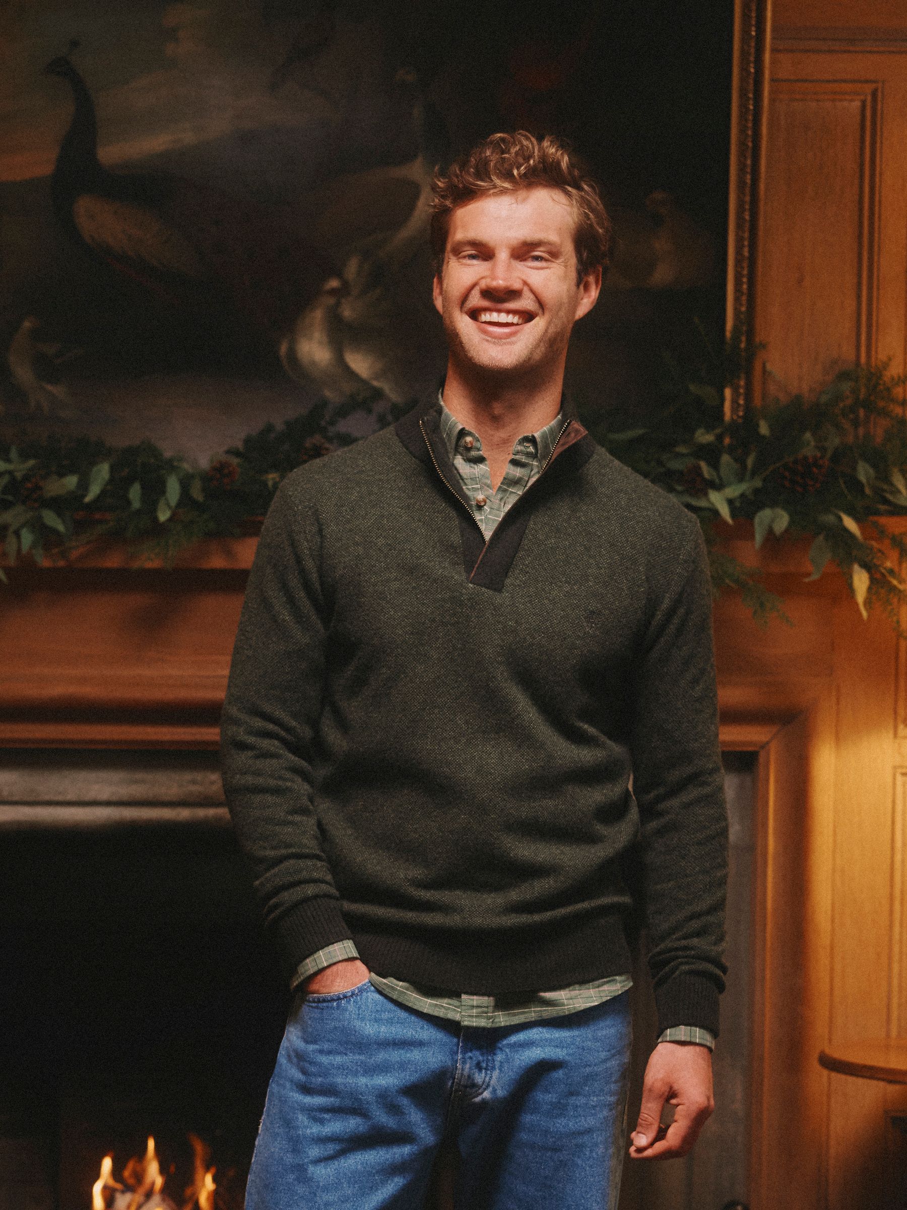 Donkergroen - Joules Highland Wool-Rich Button Quarter Zip Jumper