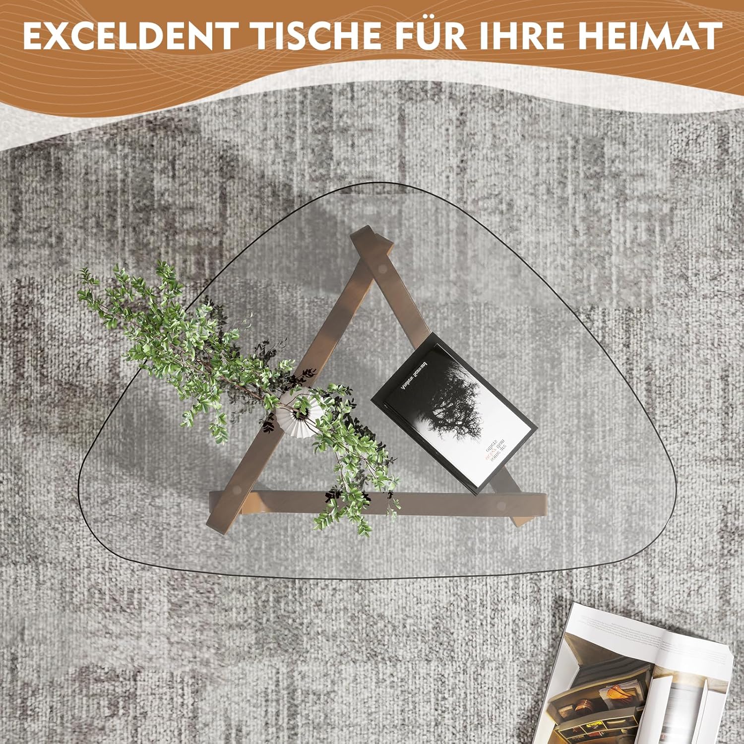 TWSOUL Dreieckiger Couchtisch aus Glas, Modern Wohnzimmertisch, Durchsichtig Couchtisch mit Holz Base, Ausgefallene Kaffeetisch für Wohnzimmer (Transparent)