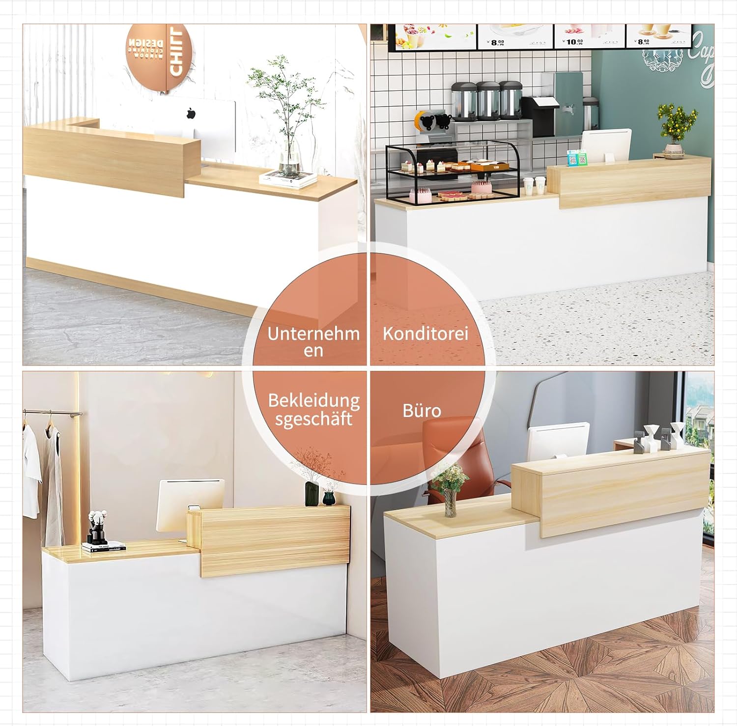 Empfangstheke, Empfangstresen, Rezeption mit Schublade und offenen Regalen, 100–240 cm Rezeptionstheken, modern für Büro, geeignet für Salons, Büros, Lobbys, Einzelhandelsgeschäfte