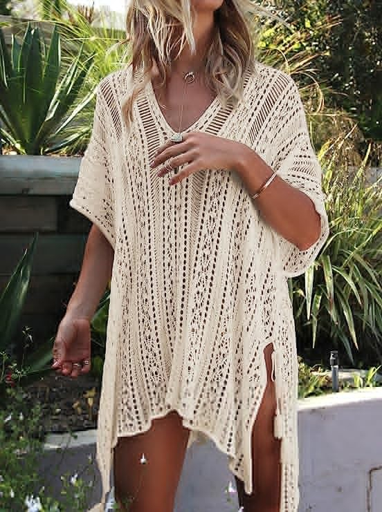 Gehäkeltes Damen Bikini Strand Kleid Sommer Poncho Beach Fashion mit seitlicher Schnürung (One Size) - Beige