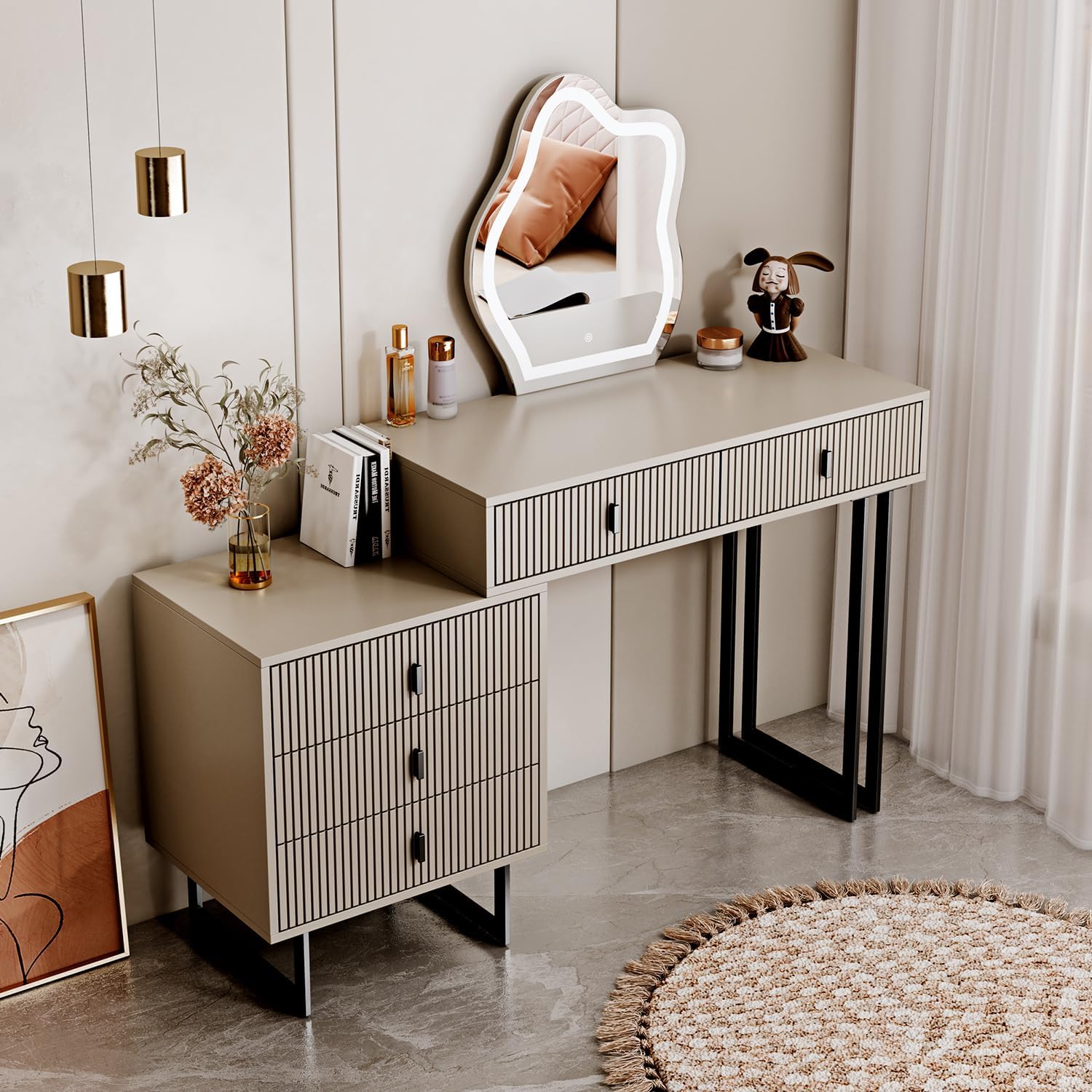 Cômoda leejdn com espelho regulável com tela sensível ao toque de 3 cores, penteadeira moderna para maquiagem com armários ajustáveis e 4 gavetas deslizantes, ideal para lavabo e quarto.
