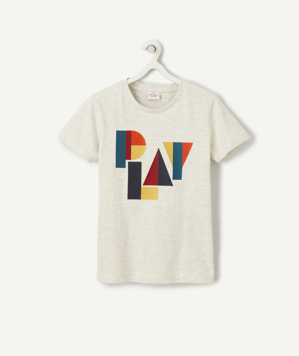 T-SHIRT GARÇON EN COTON BIO GRIS CHINÉ AVEC MESSAGE GÉOMÉTRIQUE