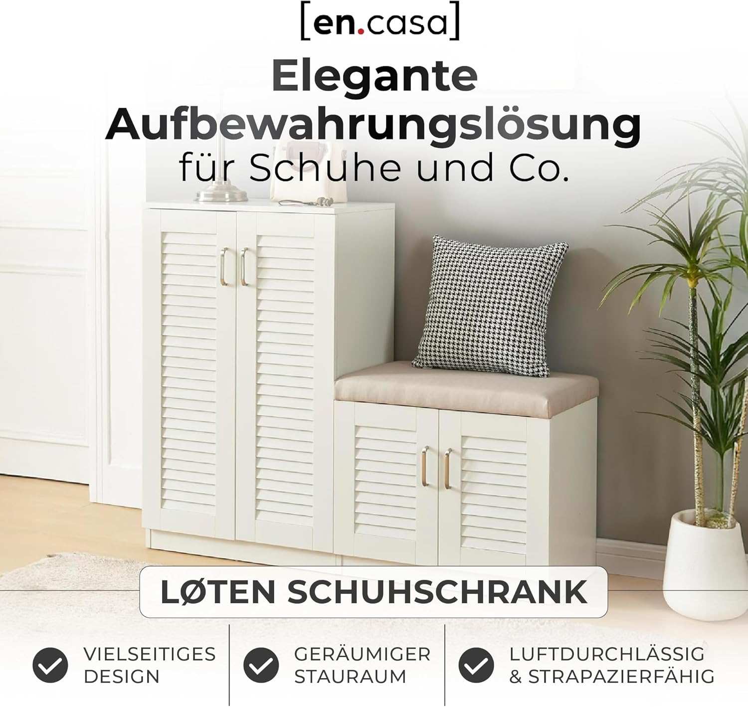 [en.casa] Schuhschrank Løten Schuhregal mit 4 Türen und 9 Ablagen Schuhablage 120 x 36 x 97 cm bis zu 18 Paar Schuhe mit gepolsterter Sitzbank Schuhaufbewahrung Weiß