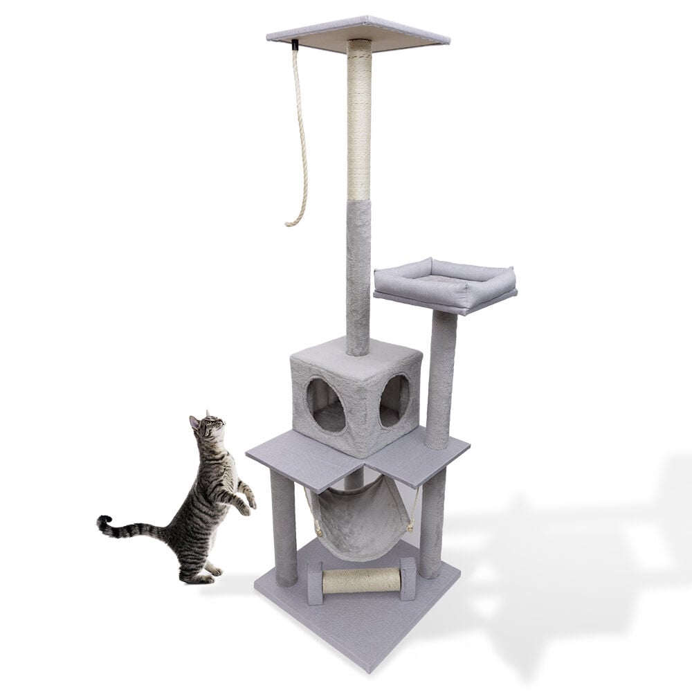 Grand arbre à chat avec corde grattoir et couchage gris L49xl49xH165cm