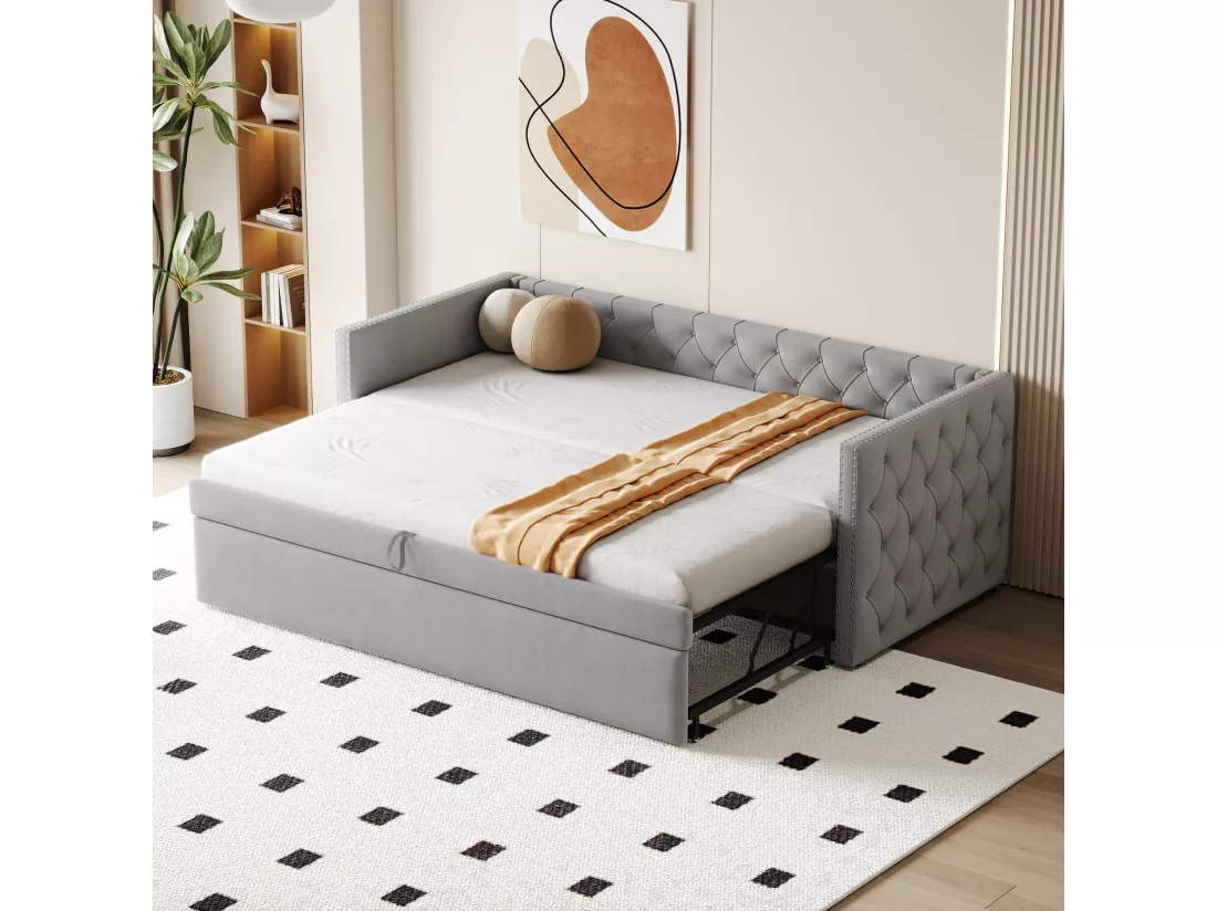 Lit gigogne 90/180 x 200 cm avec tête de lit - Velours doux - sommier à lattes - gris clair (sans matelas)