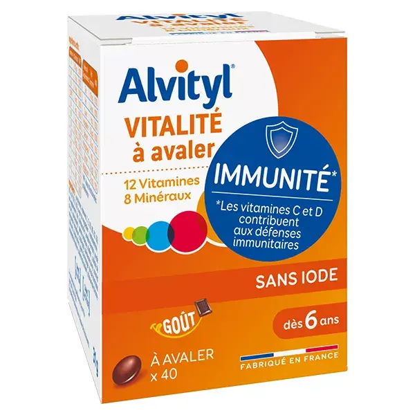 Alvityl Vitality para engolir: 12 vitaminas e 8 minerais. A partir dos 6 anos de idade. 40 comprimidos.