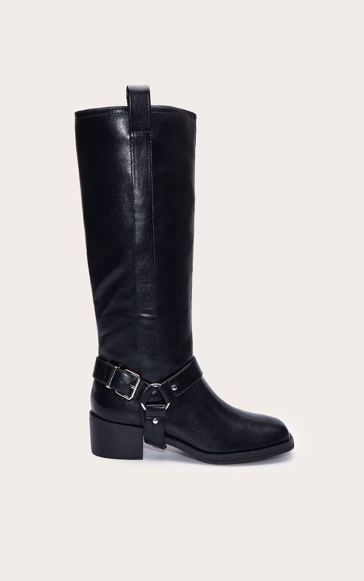 Noir Bottes Hautes À Détails Boucles Effet Croco Verni