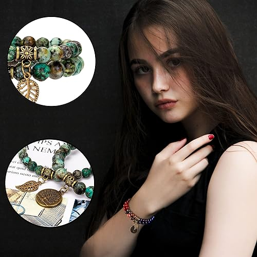 (2er Set) 225-240mm Naturstein Armband Edelstein Armkettchen mit Anhänger - Afrikanischer Türkis