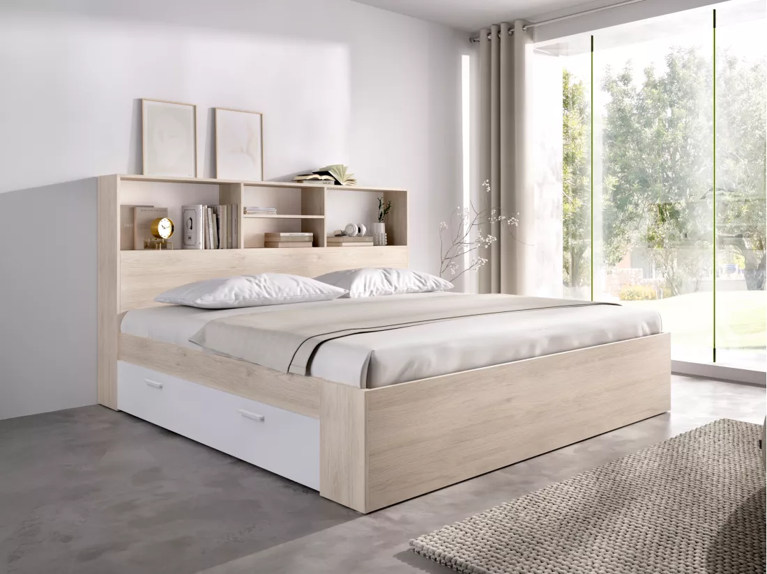 Lit 140 x 190 cm avec rangements - Coloris : Naturel et blanc - VARDIEL