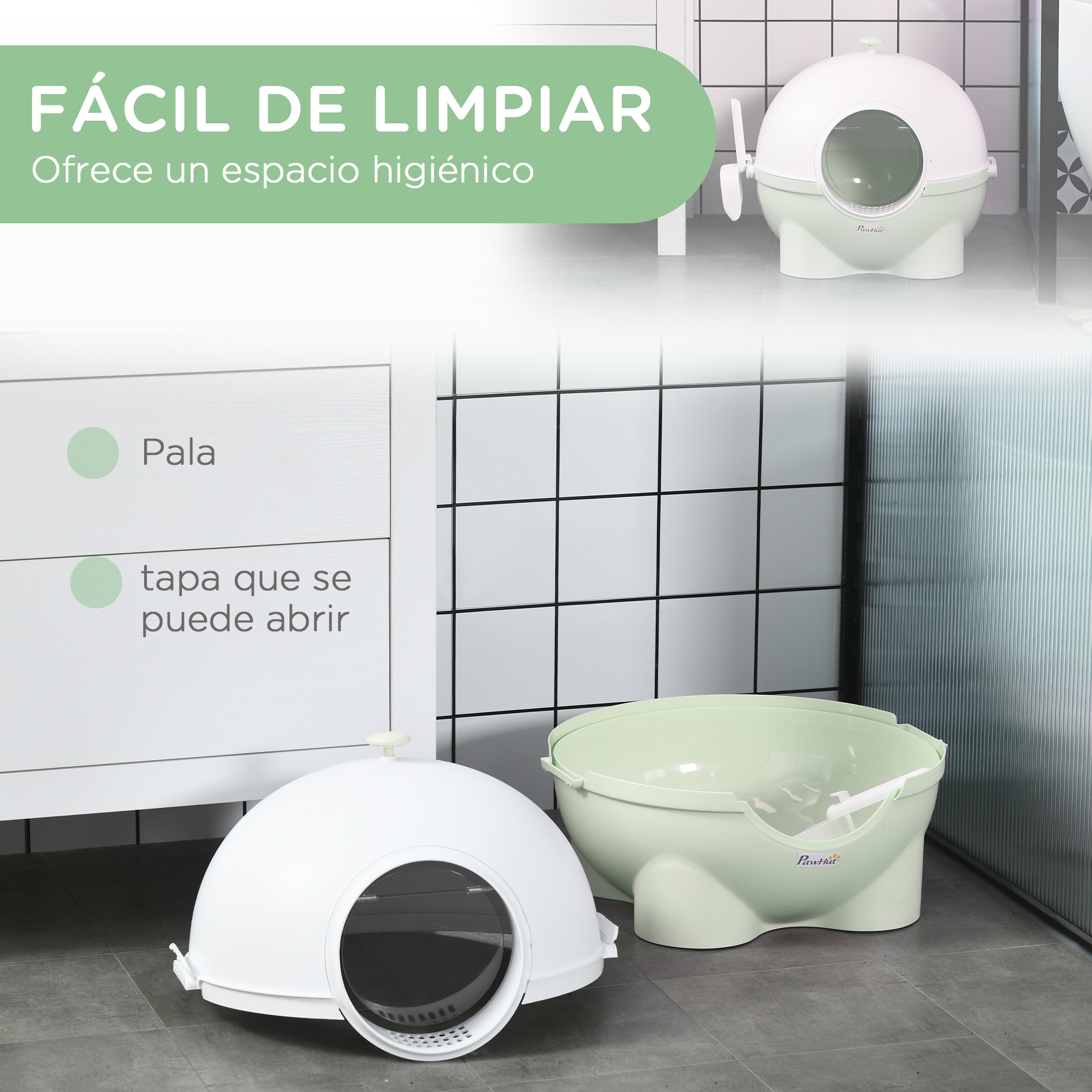 Caixa de areia para gatos PawHut com tampa removível, caixa de areia de plástico com pá, capacidade de carga de 4 kg, 53 x 51 x 48 cm, verde