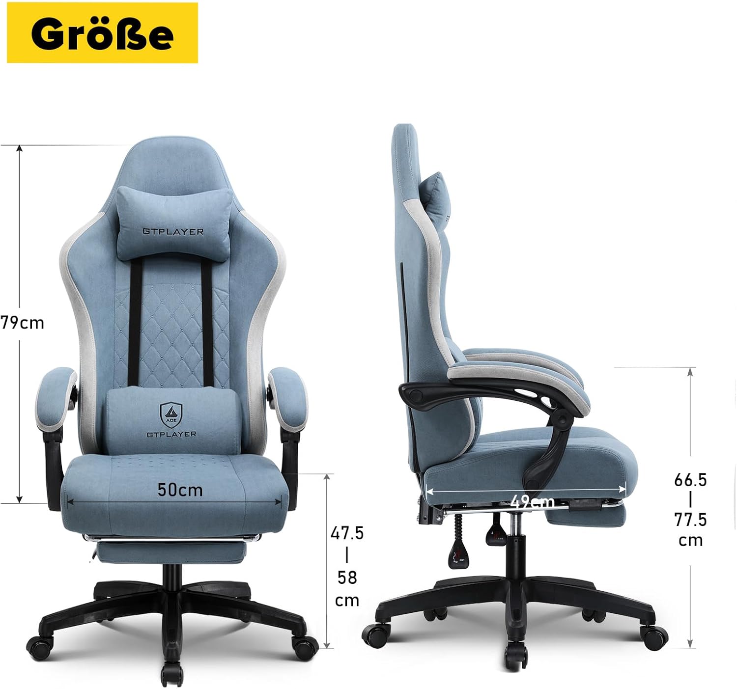 GTPLAYER Gaming Stuhl Ergonomischer Gaming Sessel Schreibtischstuhl mit Stoffoberfläche, Federsitzkissen, Verbindungsarmlehnen und Fußstütze Hellblau