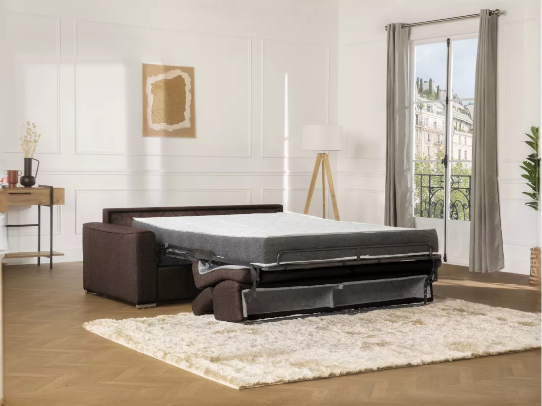 Canapé 2 places convertible express en tissu marron - couchage 120 cm - Matelas 16 cm mémoire de forme VIZIR