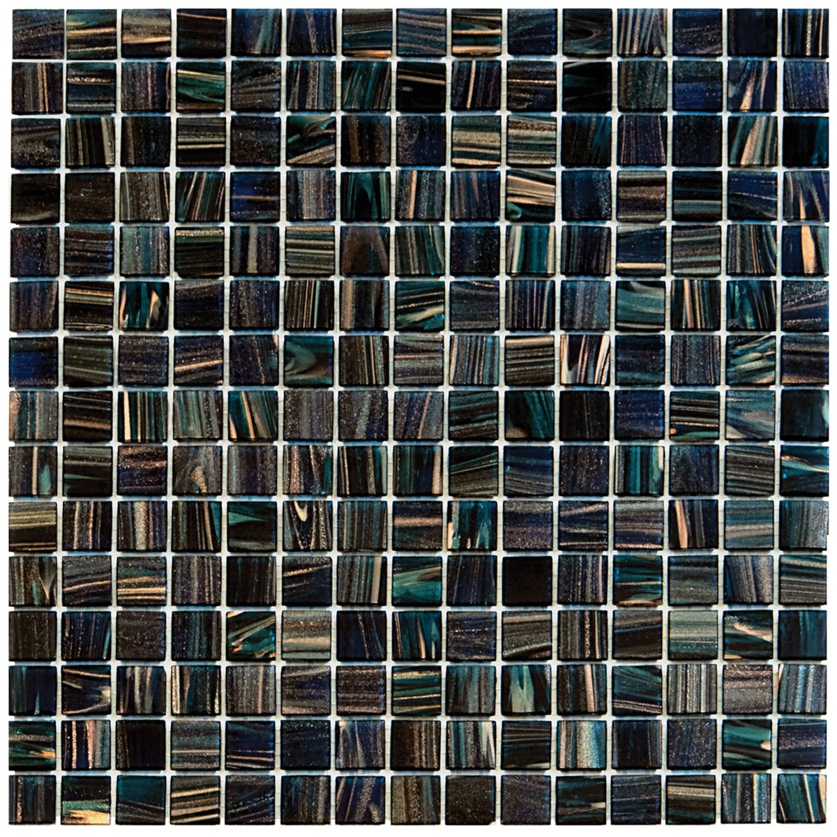 Tegelsample: The Mosaic Factory Amsterdam vierkante glasmozaïek tegels 32x32 donkerblauw met gouden accenten