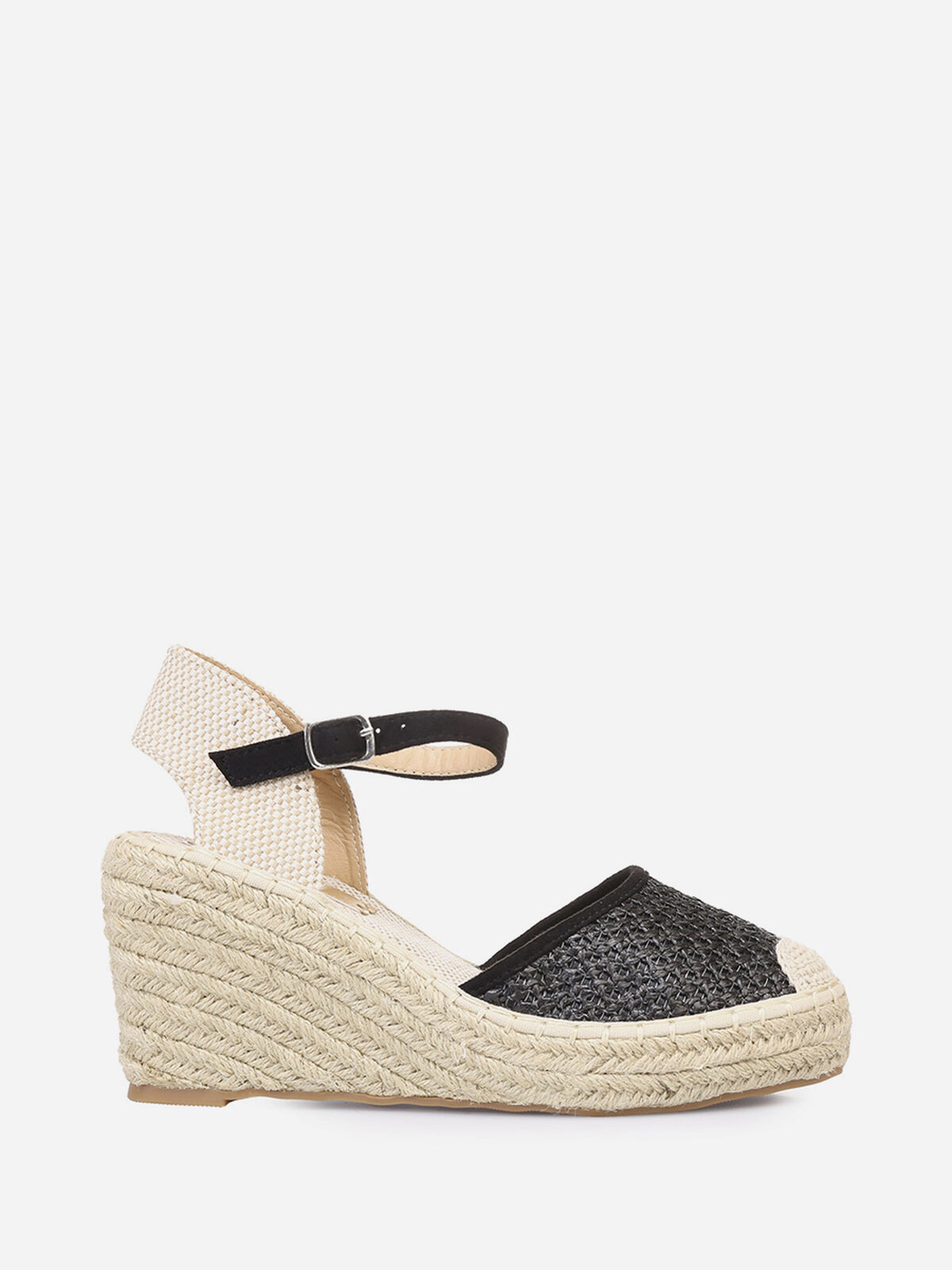 Espadrilles compensées effet paille tressée- Noir