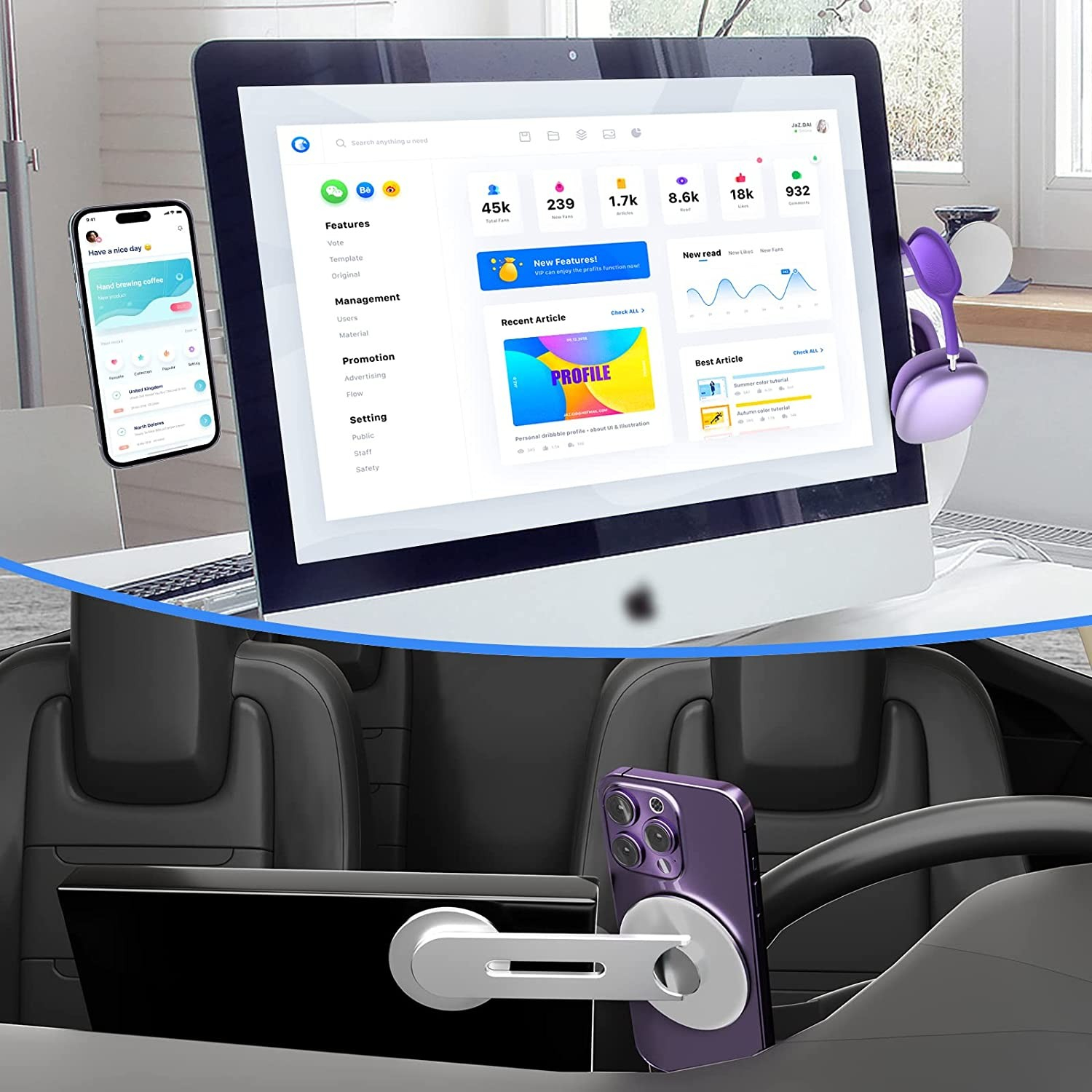 Selbstklebende Aluminium Laptop Erweiterung Magnetische Smartphone Webcam iPhone Halterung mit Magsafe inkl. Magnet Ring - Silber