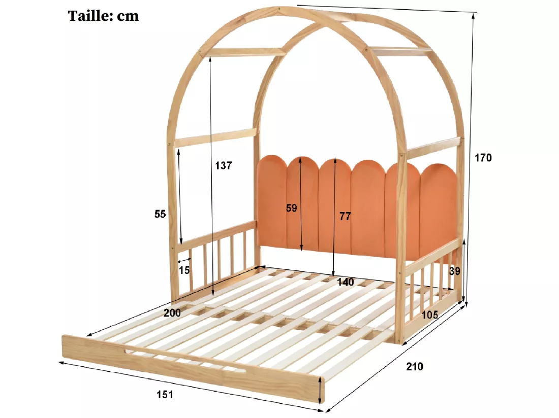 Lit gigogne 140 x 200 cm, lit enfant en bois de pin, sommier inclus - naturel