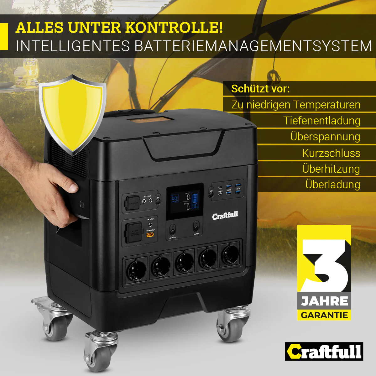 Craftfull Powerstation Fast Charge PS3600, 2.000 Watt, Trolley-Funktion, LiFePO4, USB, 12 V, 230 V (Classic)