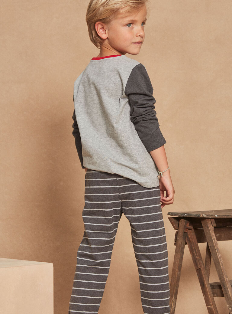 Pyjama gris chiné en molleton gratté et jersey