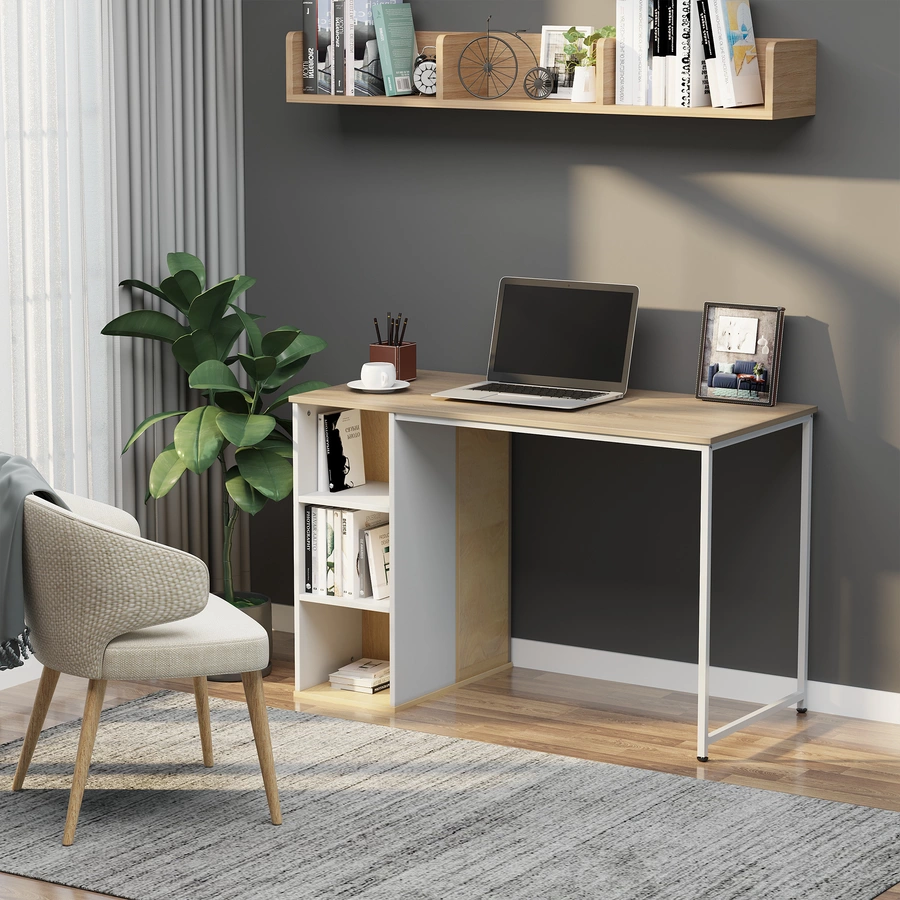 HOMCOM Schreibtisch Tisch mit Bücherregal eiche, weiß