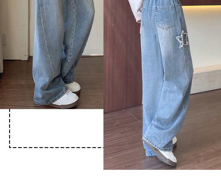 EFO - Elastische taille, gewassen sterrenapplicatie, wijde pijpen jeans