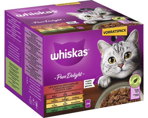 Whiskas Pure Delight natvoer voor katten multipack, klassieke runderragout in gelei, voeding voor volwassen katten, 24 x 85 g, 2,04 kg