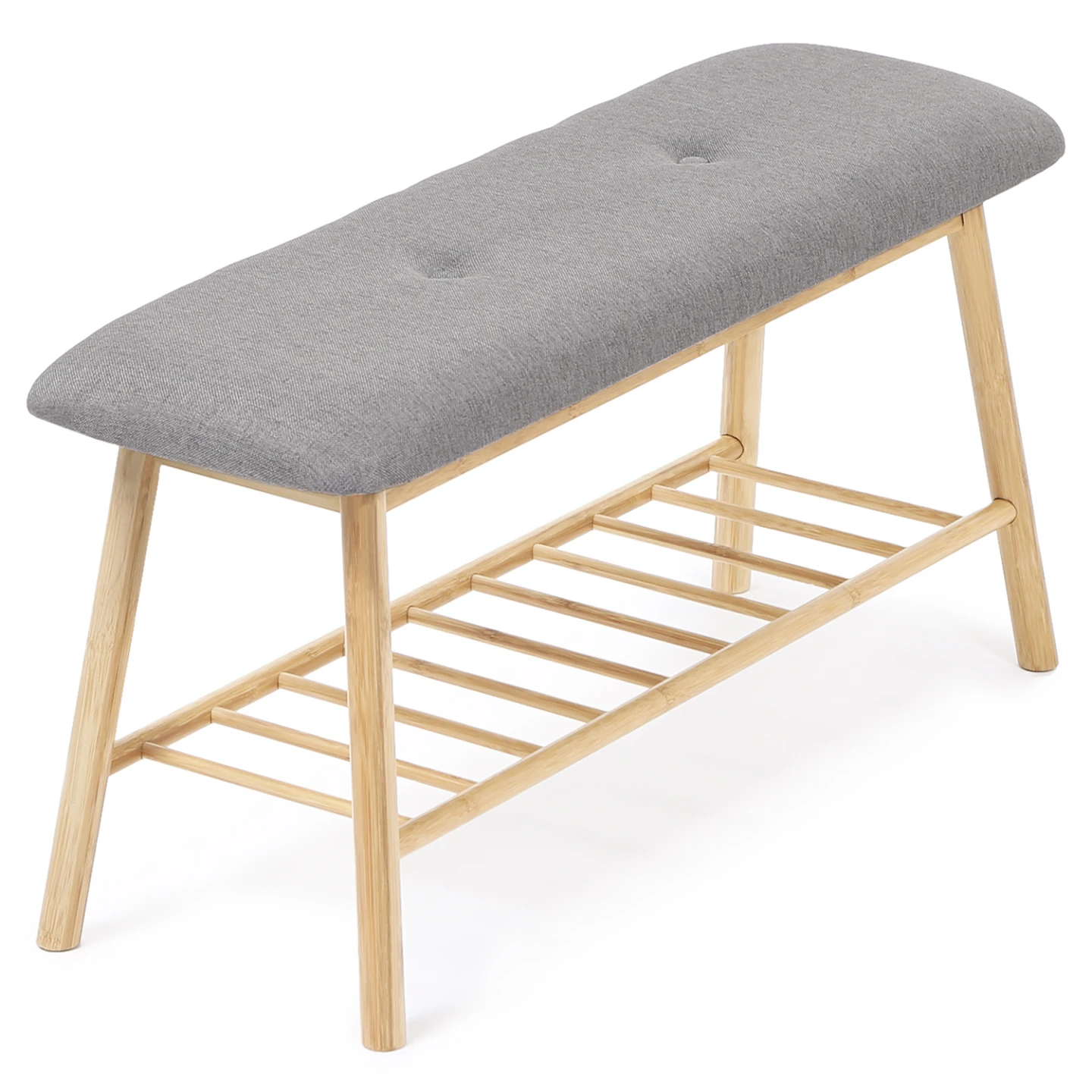 Banc d'entrée capitonné bambou RITA tissu gris clair